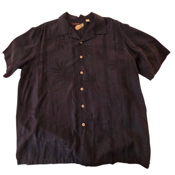 Caribbean Mens Palm Tropical Jacquard Silk Blend Button-up Shirt Black Large - Picture 2 of 13